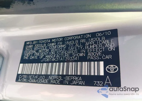 2010 Toyota Yaris from USA, damaged, VIN JTDBT4K31A1393341